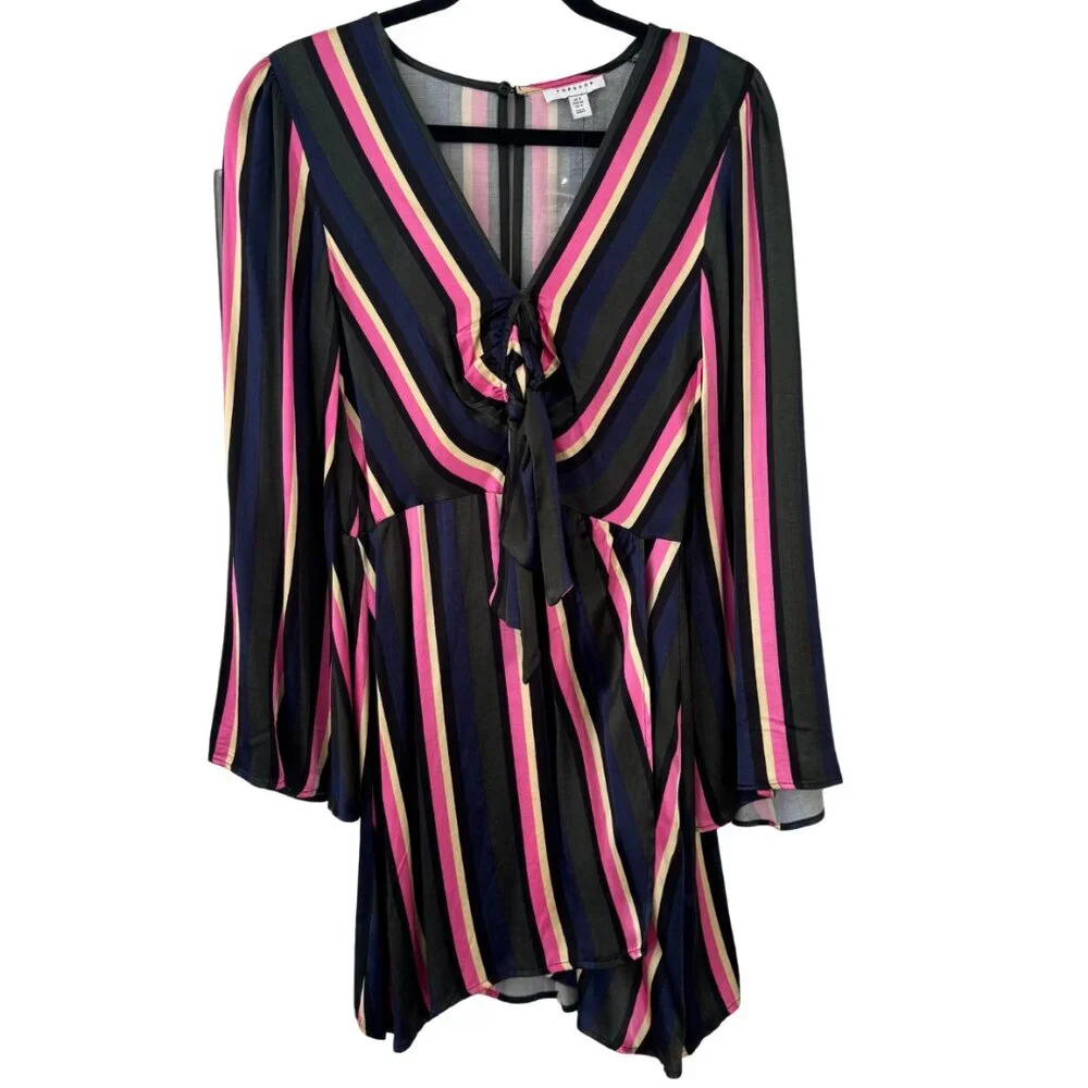 NWOT Topshop Striped Tie-Front Mini Dress Bell Sleeve Surplice V-Neck Size 4 - Picture 6 of 11